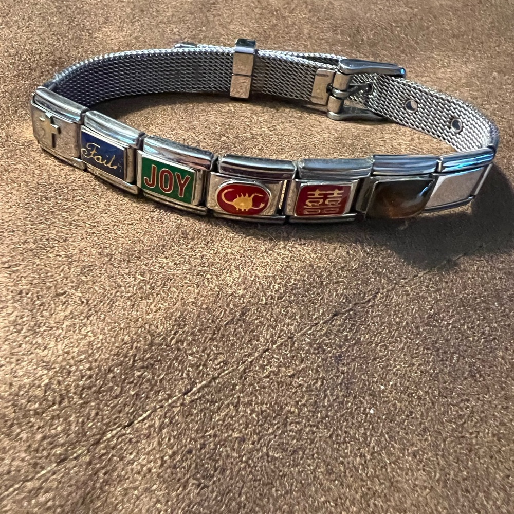 Silver-Tone Italian Charm Link Bracelet with Multicolor Enamel Panels